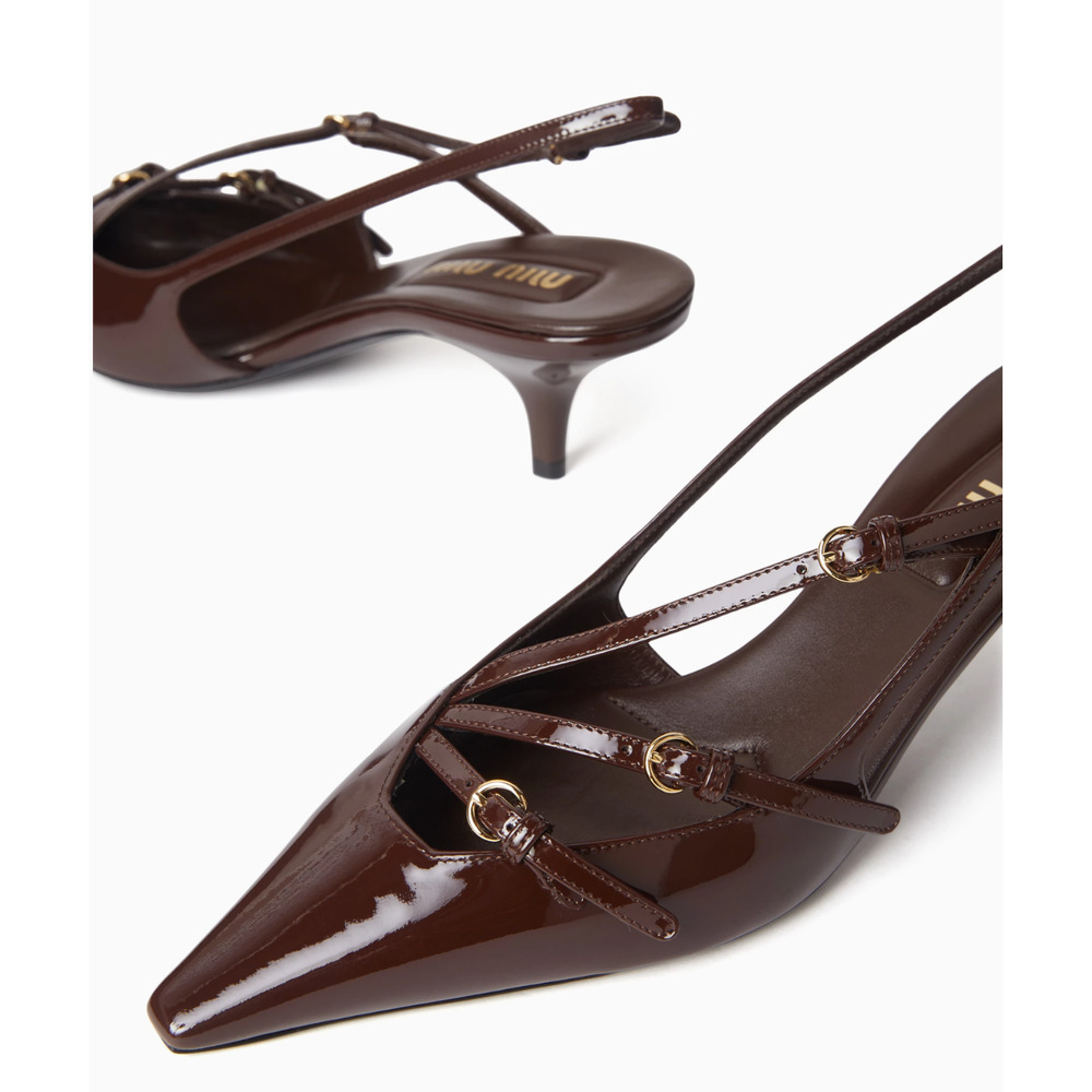 Miu Miu 55 Cacao Brown Patent Buckle Trio Pointed Slingback Kitten Heel Pump 38 - Picture 7 of 16